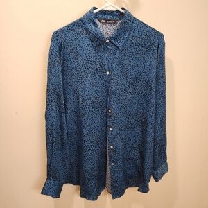 ZARA Leopard Print satin Long Sleevesless Button Down shirt size L